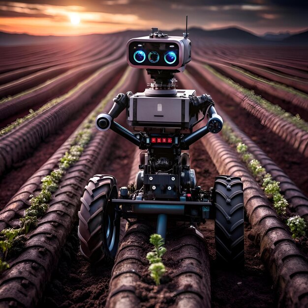 A futuristic agricultural robot inspects crops in a field at sunset