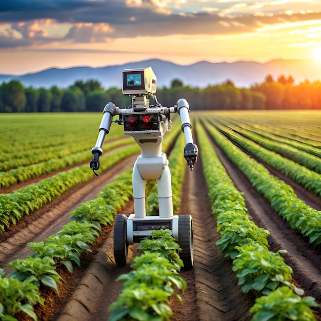 A futuristic agricultural robot patrols rows of crops showcasing the power of automation in modern farming