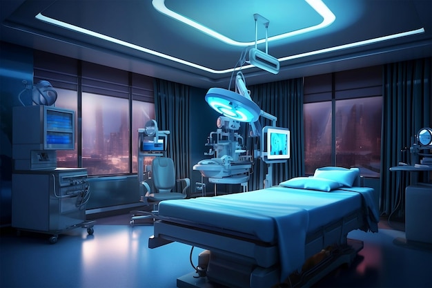 futuristic ahospital room with a bed and a lamp