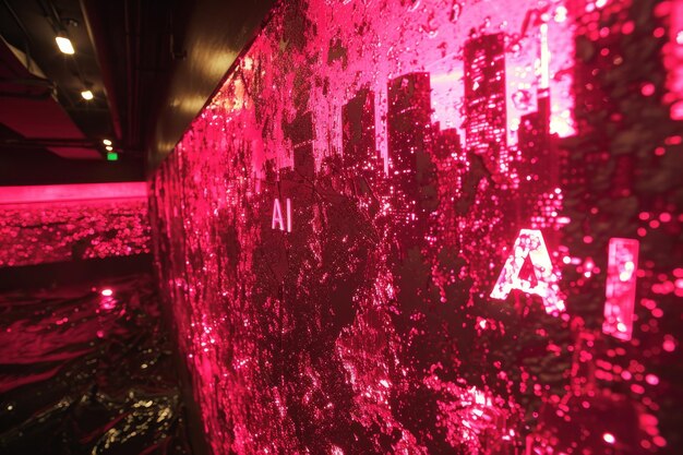 Photo futuristic ai art installation with pink and red lights blending advanced technology and artistic