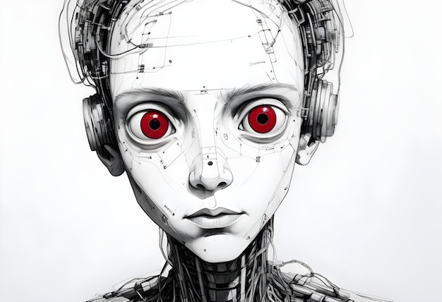 Futuristic AI Boy Robot Drawing Representing AGI with Detailed Mechanical Features