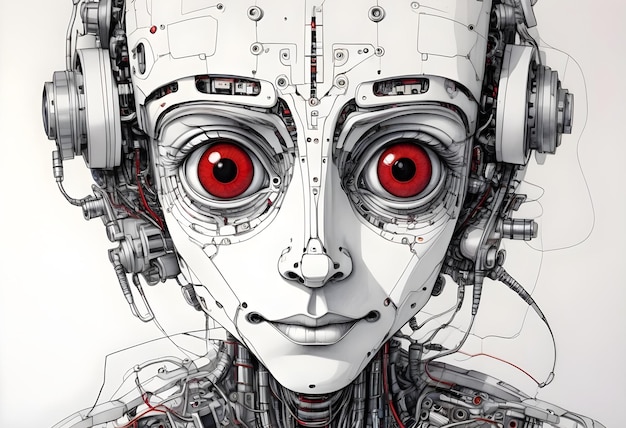 Futuristic AI Boy Robot Drawing Representing AGI with Detailed Mechanical Features