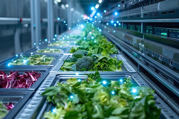 Futuristic AI Driven Frozen Vegetable Sorting in Icy Blue and Gray Industrial Setting