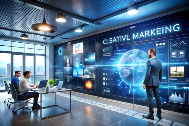 Photo futuristic ai enhanced creative marketing department background with innovative strategy boards and