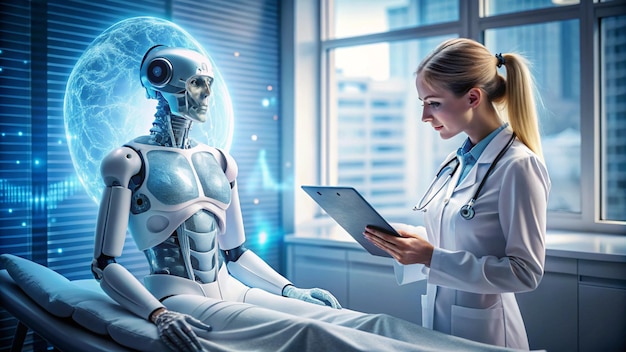 Photo futuristic ai healthcare assistant engaging in patient diagnosis for enhanced medical outcomes