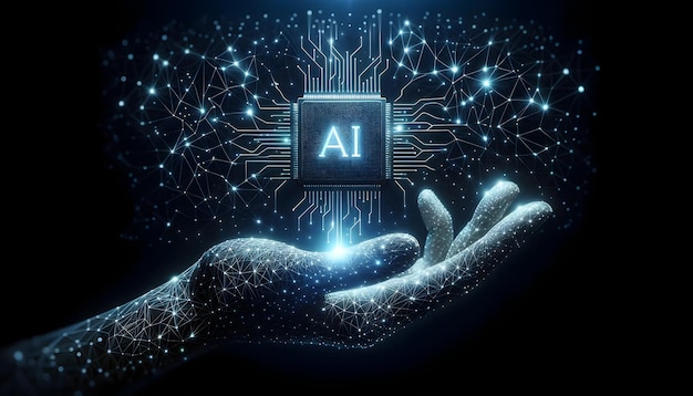 Futuristic AI Interface Human Hand Holding Illuminated Artificial Intelligence Chip