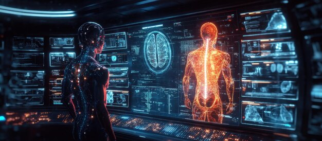 Futuristic AI Robot Analyzing Human Anatomy on HighTech Digital Interface in Advanced Laboratory