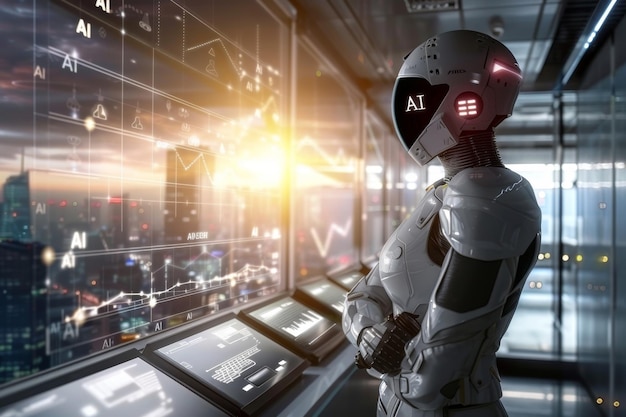 Futuristic AI Robot Operating Control Panels in a Modern Cityscape with Golden Sunset Reflections