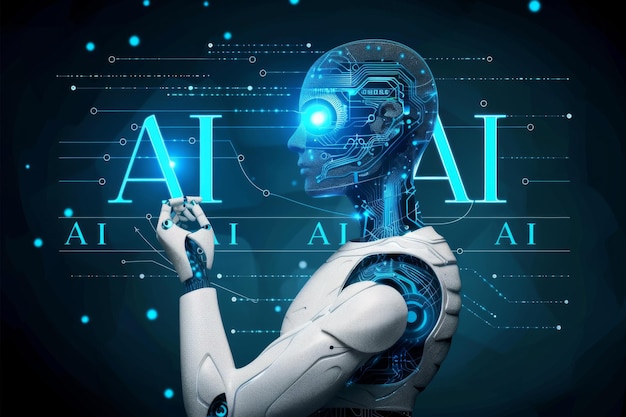 Futuristic AI Robot with Digital Interface and Blue Lighting in a High Tech Environment