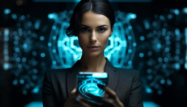 Futuristic AI Technology Concept Businesswoman Holding Smartphone with Robotic Motifs in Dark Black and Light Azure