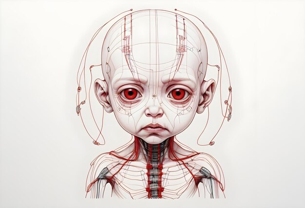 Futuristic AIAGI Robot Baby Detailed Schematic of Humanlike Child Robot with Neural Network