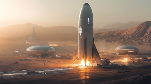 Photo futuristic aidriven spaceports launching advanced space shuttles to mars a bustling spaceport preparing shuttles for interplanetary missions