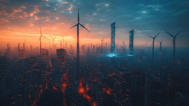 Photo futuristic aienhanced renewable energy grids a city powered by a smart energy grid where ai monitors and manages solar and wind power sources