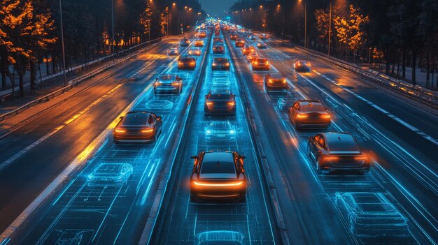 Futuristic AIenhanced road systems with autonomous cars and smart traffic controls Roads designed for selfdriving vehicles managed by AI to ensure safety and efficiency