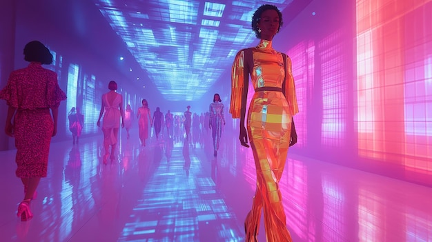 Futuristic AIpowered virtual fashion shows with customizable outfits Models walking in a virtual runway with viewers choosing and altering their outfits through AIpowered systems