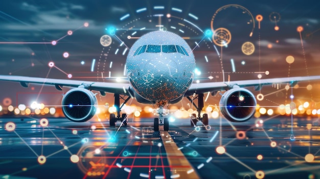 Photo futuristic airplane on runway with digital network connections