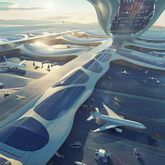 A futuristic airport with a large white building and a long white bridge