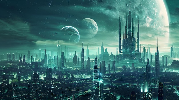 Futuristic Alien Cityscape with Massive Moon Background