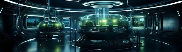 Photo futuristic alien laboratory with glowing capsules and advanced technology