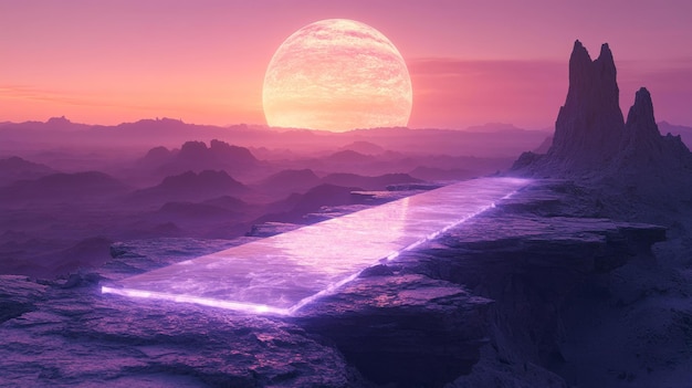 Futuristic Alien Landscape with Glowing Pathway Generative AI