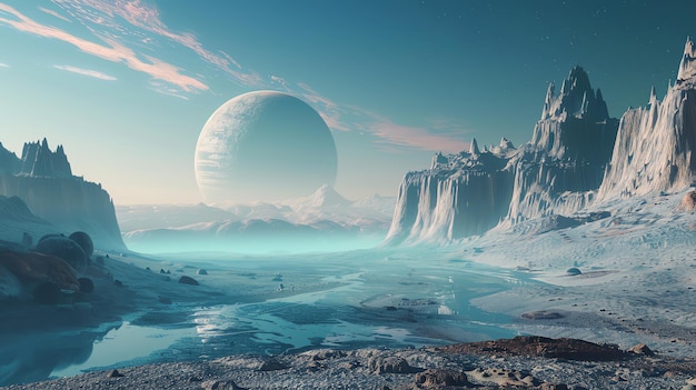 A futuristic alien landscape with a large planet in the sky