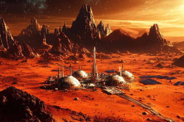 Photo futuristic alien landscape with spacecraft and colonies on dystopian desert planet at sunset