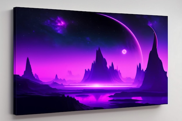 Futuristic alien planet landscape with purple night sky moons and stars