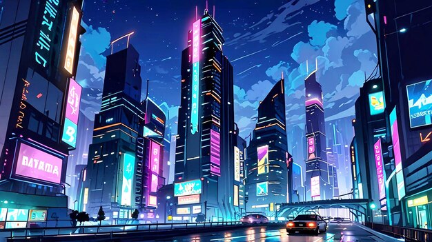 Photo a futuristic animated cityscape at night with glowing skyscrapers flying vehicles and illuminated