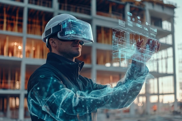 Futuristic architect utilizing augmented reality to design 3d building models at a construction site