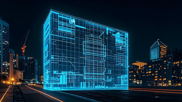 Futuristic Architectural Design Projection Overlay on City Block Under Construction at Night