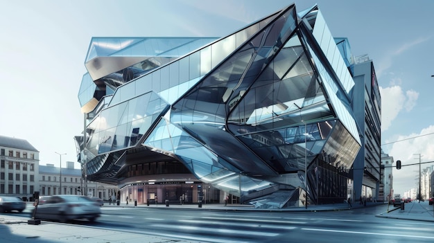 Photo futuristic architectural marvel with glass facade in urban setting during daylight hours