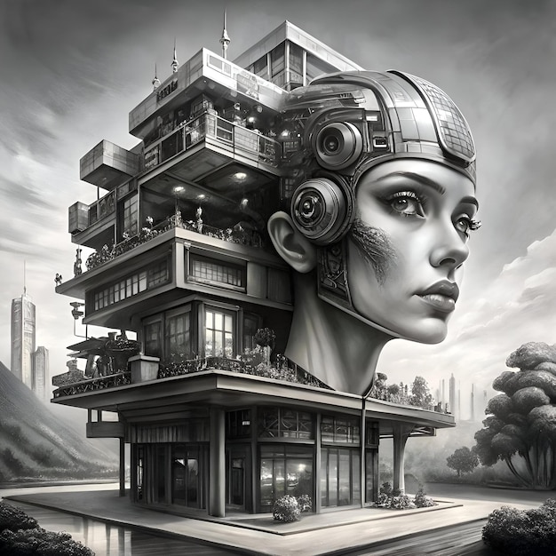 Photo a futuristic architectural masterpiece where a womans head is seamlessly integrated into a towering building