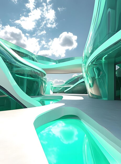 Photo futuristic architecture with curved glass walls and pools