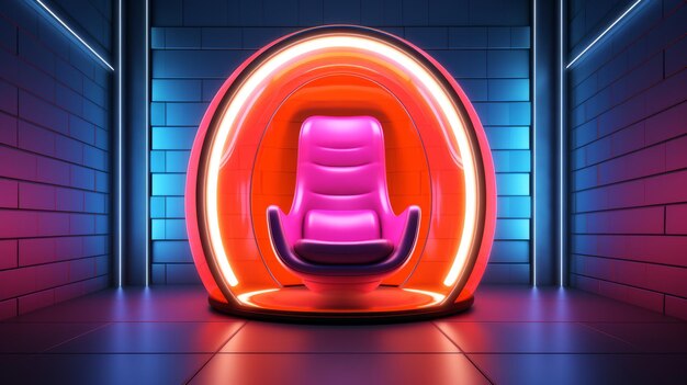 Futuristic armchair in spherical glowing capsule in empty dark room Abstract interior with bright neon colors 3D rendering