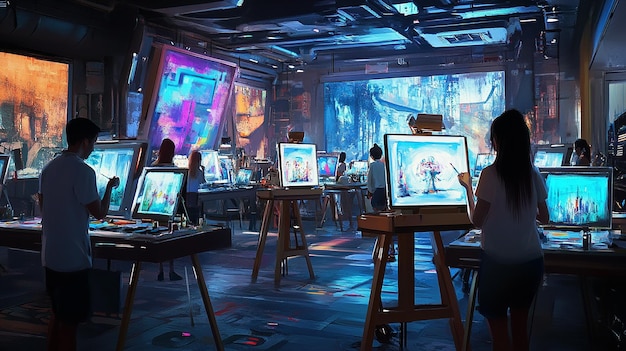 Futuristic Art Classroom with Digital Easels and Modern Technology