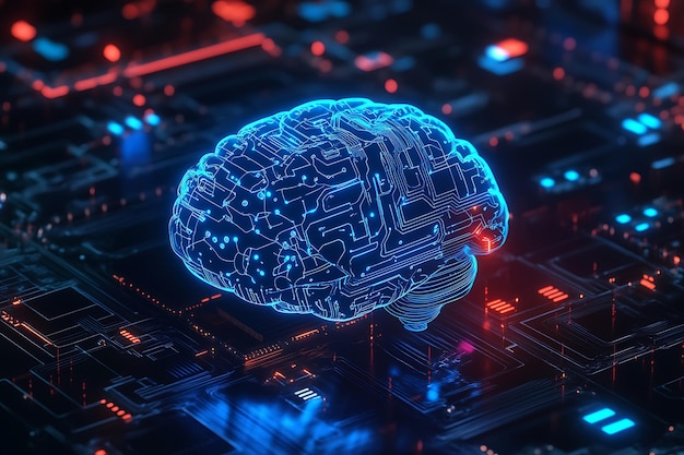 Futuristic artificial intelligence concept with a glowing digital brain on a computer chip showcasing advanced neural network and machine learning technology in a hightech environment