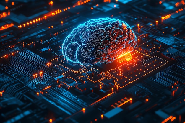 Futuristic artificial intelligence concept with a glowing digital brain on a computer chip showcasing advanced neural network and machine learning technology in a hightech environment