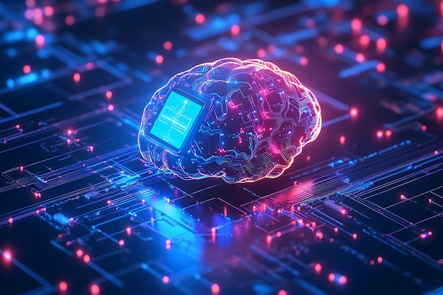 Futuristic artificial intelligence concept with a glowing digital brain on a computer chip showcasing advanced neural network and machine learning technology in a hightech environment