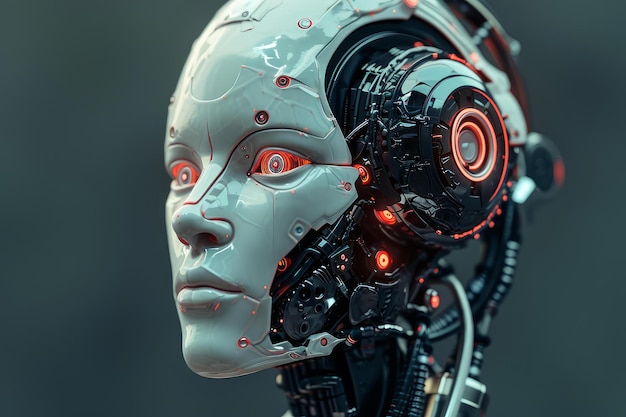 Futuristic Artificial steel robot head with cyber face Digital futuristic fiction