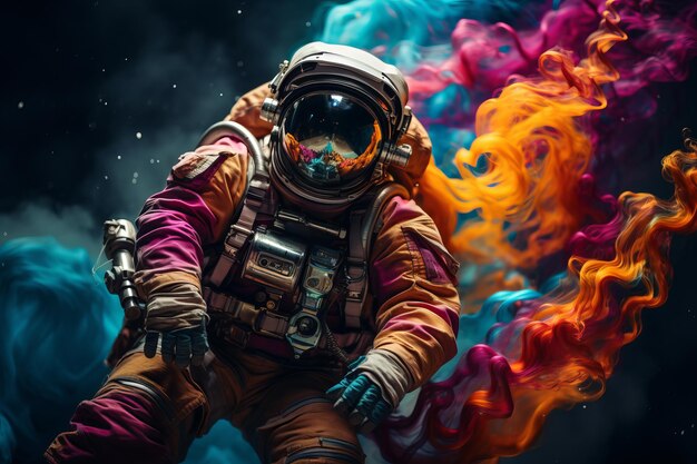 Futuristic astronaut in hightech cosmosuit on colorful surface with captivating space background