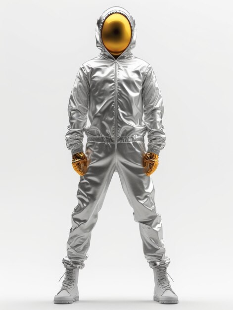 Photo futuristic astronaut in reflective silver spacesuit stands isolated on white background