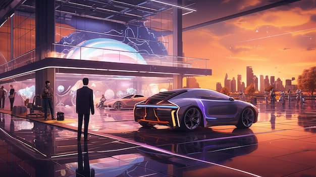 Futuristic auto repair workshop with modern futuristic sports car concept