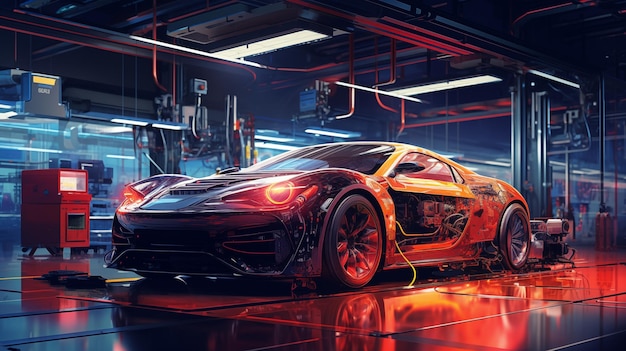 Futuristic auto repair workshop with modern futuristic sports car concept