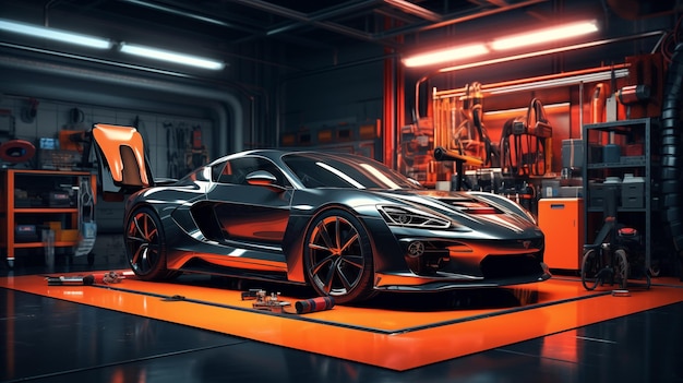 Futuristic auto repair workshop with modern futuristic sports car concept