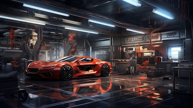 Futuristic auto repair workshop with modern futuristic sports car concept