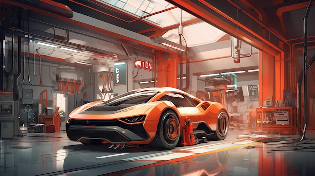 Futuristic auto repair workshop with modern futuristic sports car concept