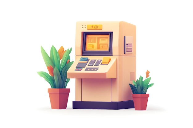 Futuristic Automated Teller Machine in Modern Office Interior with Plants