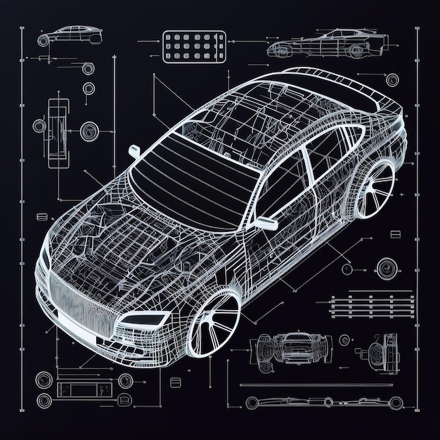 Futuristic automotive technology Car schematic or car blueprintTop view sedan car in outline