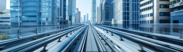 Photo futuristic autonomous rail networks connecting skyscrapers with smart station hubs in modern digital cityscape