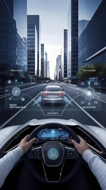 Futuristic Autonomous Self Driving Car Moving in the City Head up Display Showing Infographics Sp